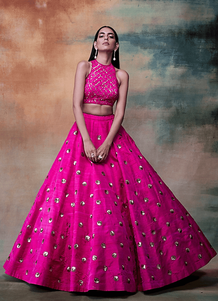 Rani Pink Silk Hand Embroidered Lehenga Set Vvani by Vani Vats - Fabilicious Fashion