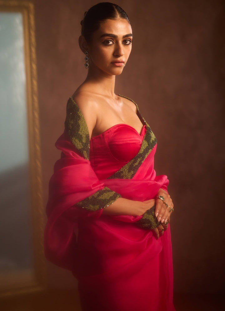 Rani Pink Silk Organza Embroidered Saree Kapardara - Fabilicious Fashion