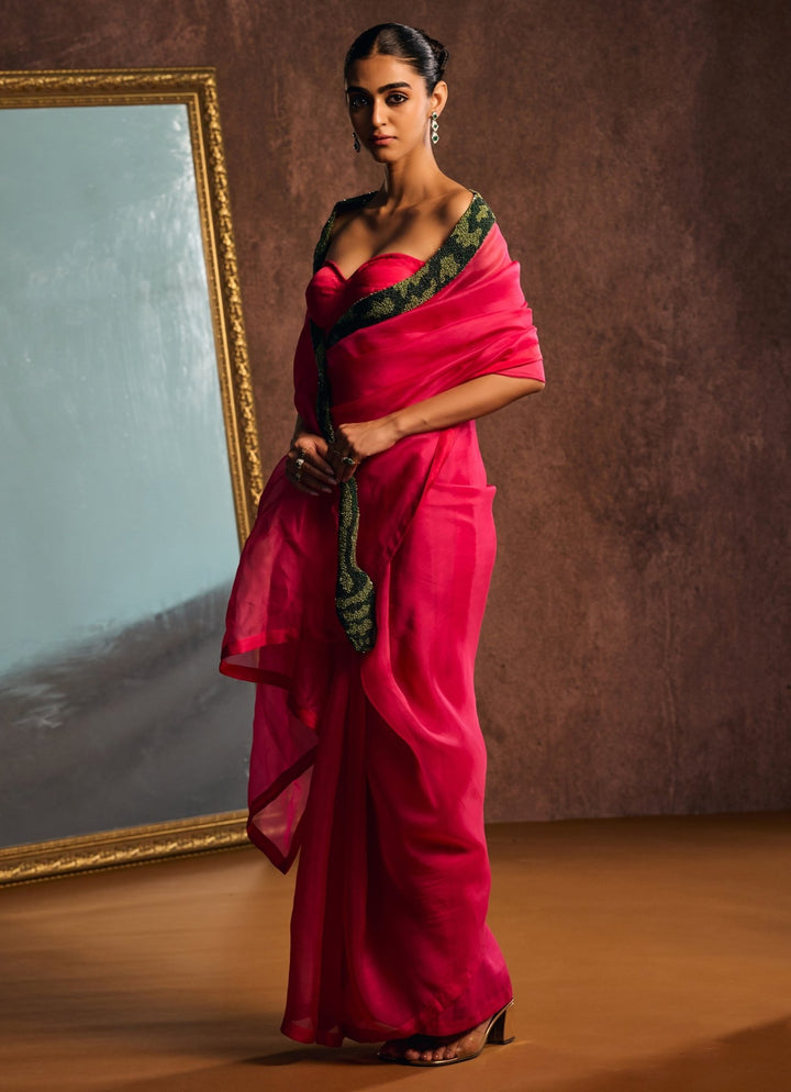 Rani Pink Silk Organza Embroidered Saree Kapardara - Fabilicious Fashion