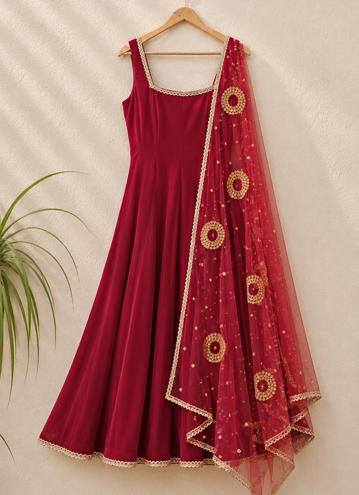 Anisha Shetty Rasberry Red Velvet AnarkaliFabilicious Fashion