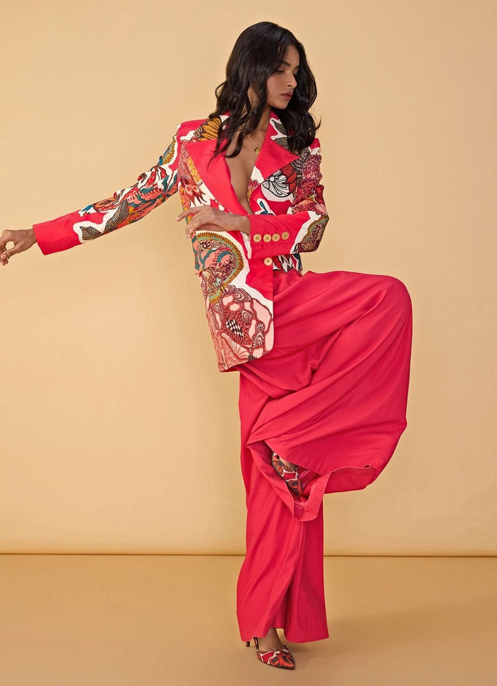 Raspberry Red Blazer Palazzo Set Saaksha & Kinni - Fabilicious Fashion