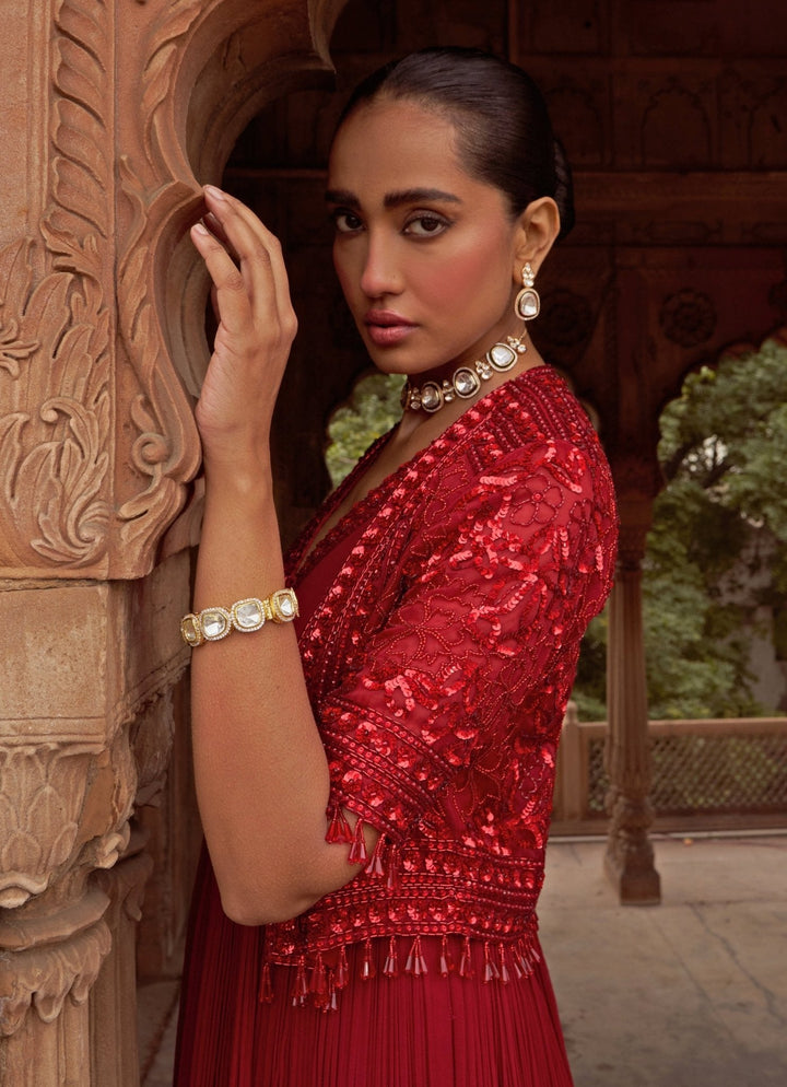 Red Anarkali With Sequin Embroidered Cape Nidhika Shekhar - Fabilicious Fashion