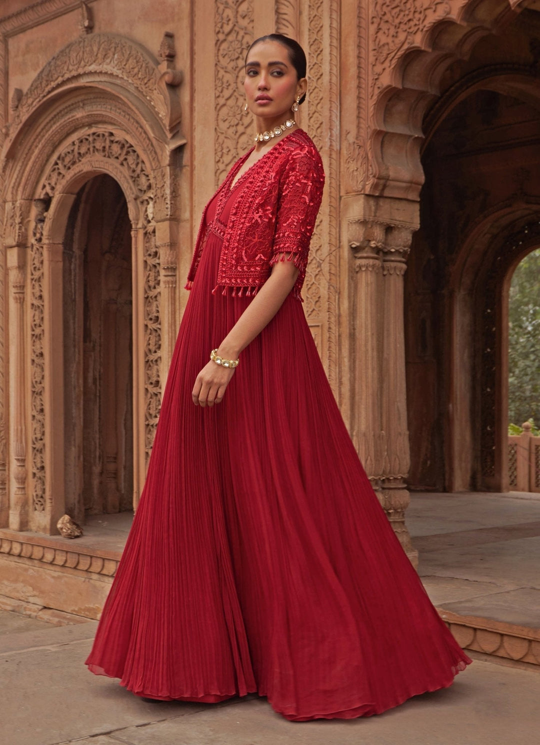 Red Anarkali With Sequin Embroidered Cape Nidhika Shekhar - Fabilicious Fashion