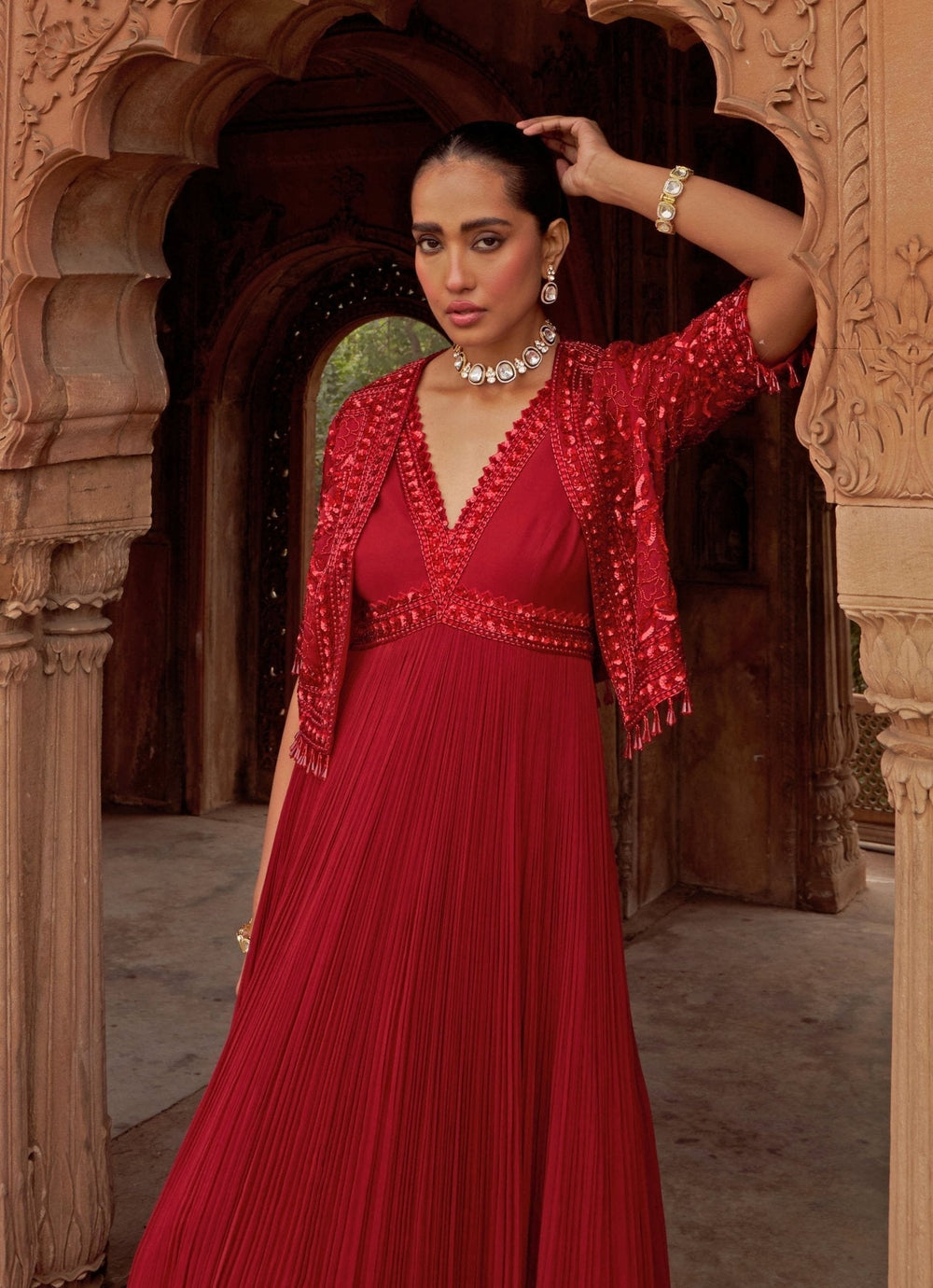 Red Anarkali With Sequin Embroidered Cape Nidhika Shekhar - Fabilicious Fashion