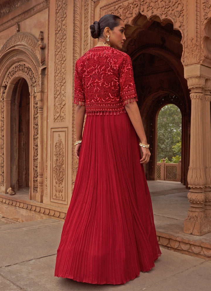 Red Anarkali With Sequin Embroidered Cape Nidhika Shekhar - Fabilicious Fashion