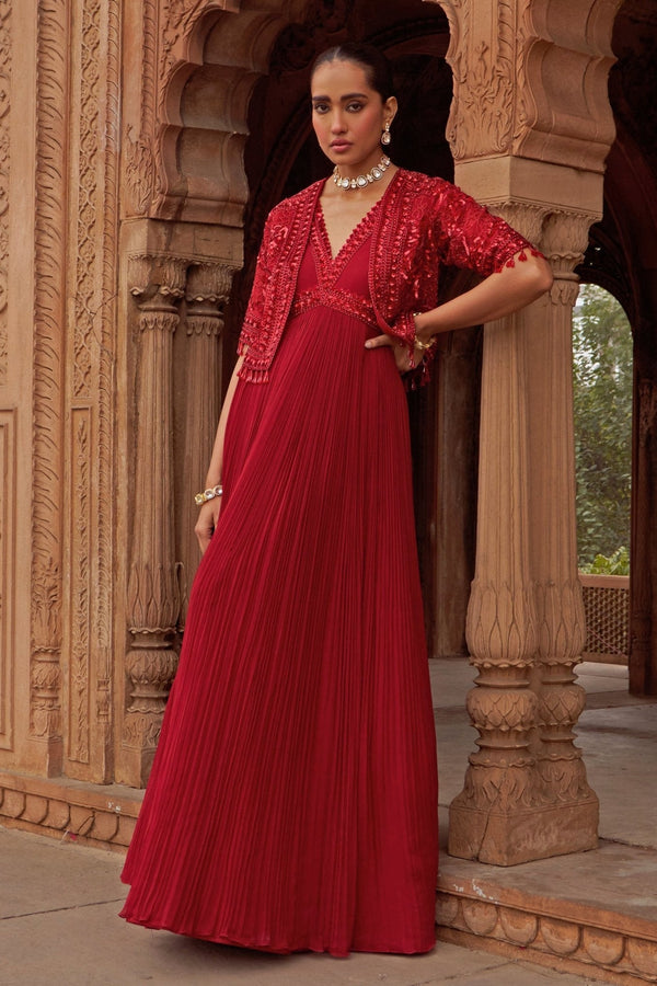 Red cape anarkali with sequin embroidery for sangeet and festive wedding guests by Nidhika Shekhar