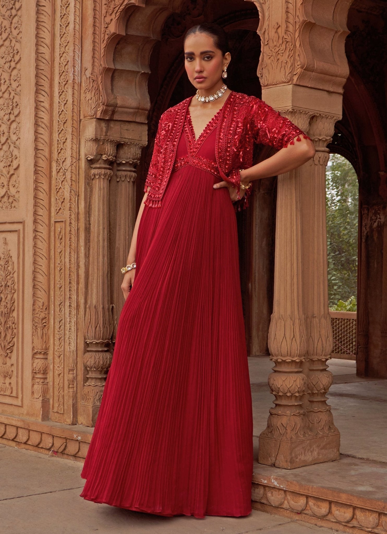 Anarkali with sequin embroidered cape by Nidhika Shekhar, custom-coloured to warm beige