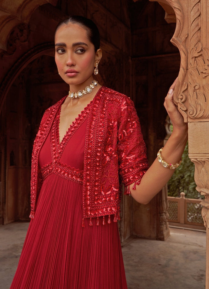 Red Anarkali With Sequin Embroidered Cape Nidhika Shekhar - Fabilicious Fashion