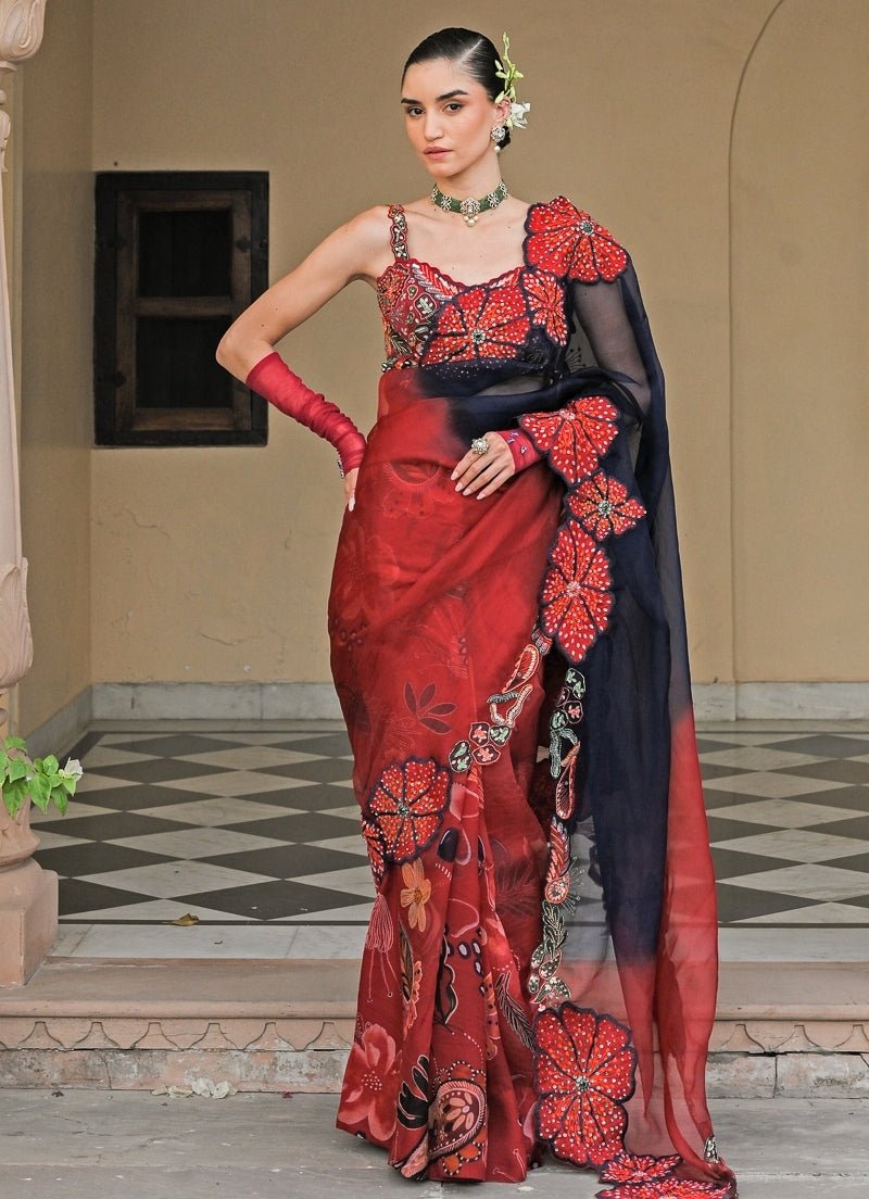 Juhi Bengani Red And Black Organza Saree With CorsetFabilicious Fashion
