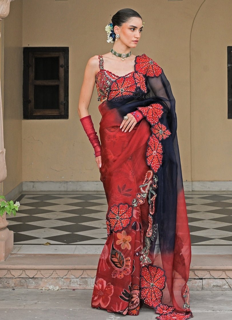Juhi Bengani Red And Black Organza Saree With CorsetFabilicious Fashion