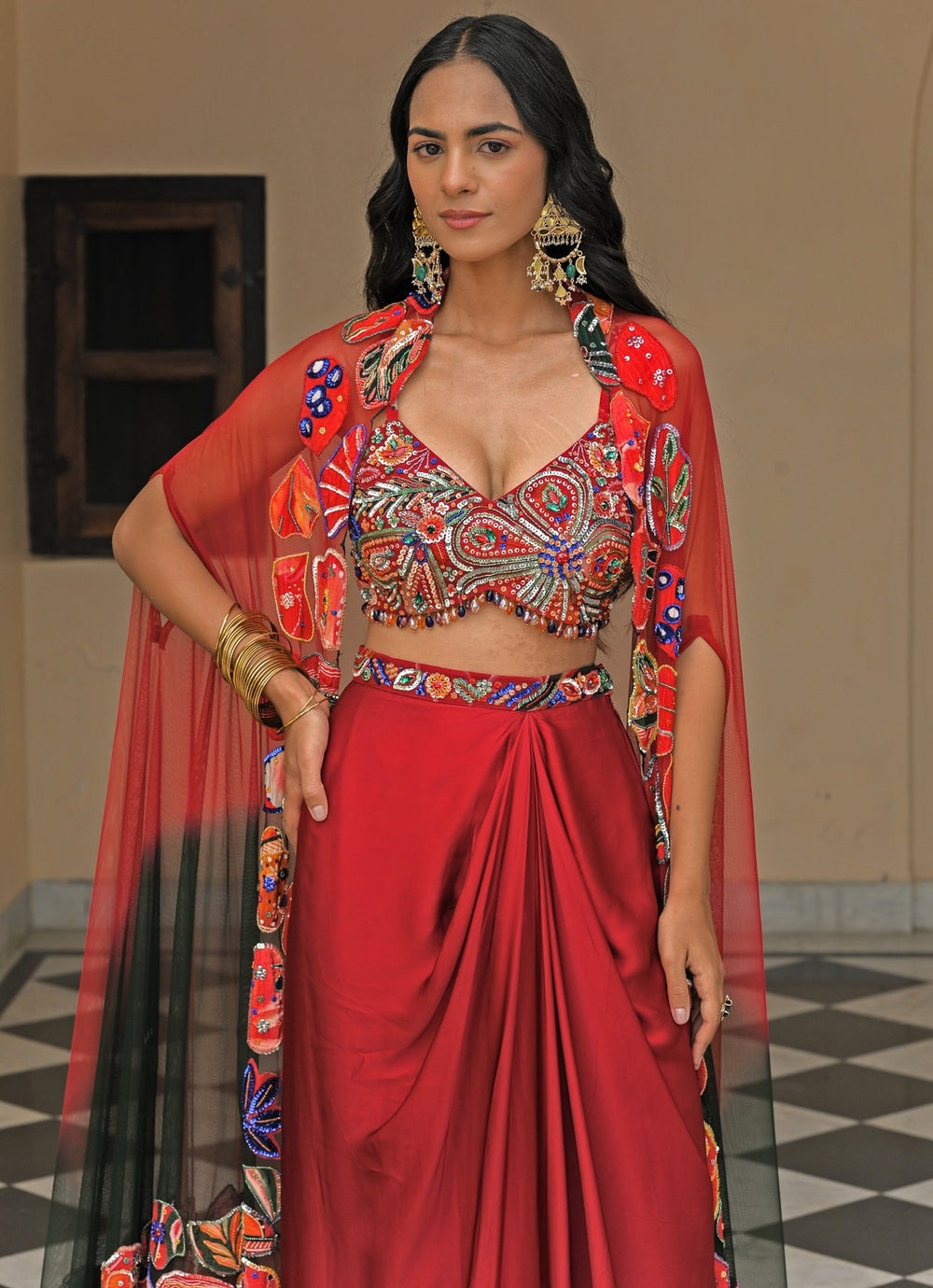 Red And Black Satin Cowl Skirt Set With Cape Juhi Bengani - Fabilicious Fashion