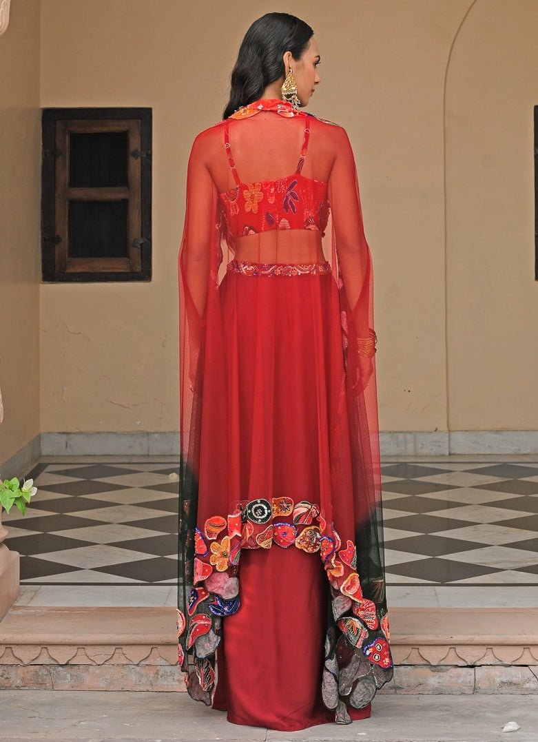 Red And Black Satin Cowl Skirt Set With Cape Juhi Bengani - Fabilicious Fashion