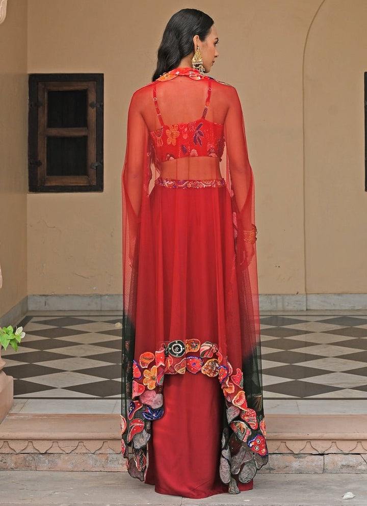 Red And Black Satin Cowl Skirt Set With Cape Juhi Bengani - Fabilicious Fashion