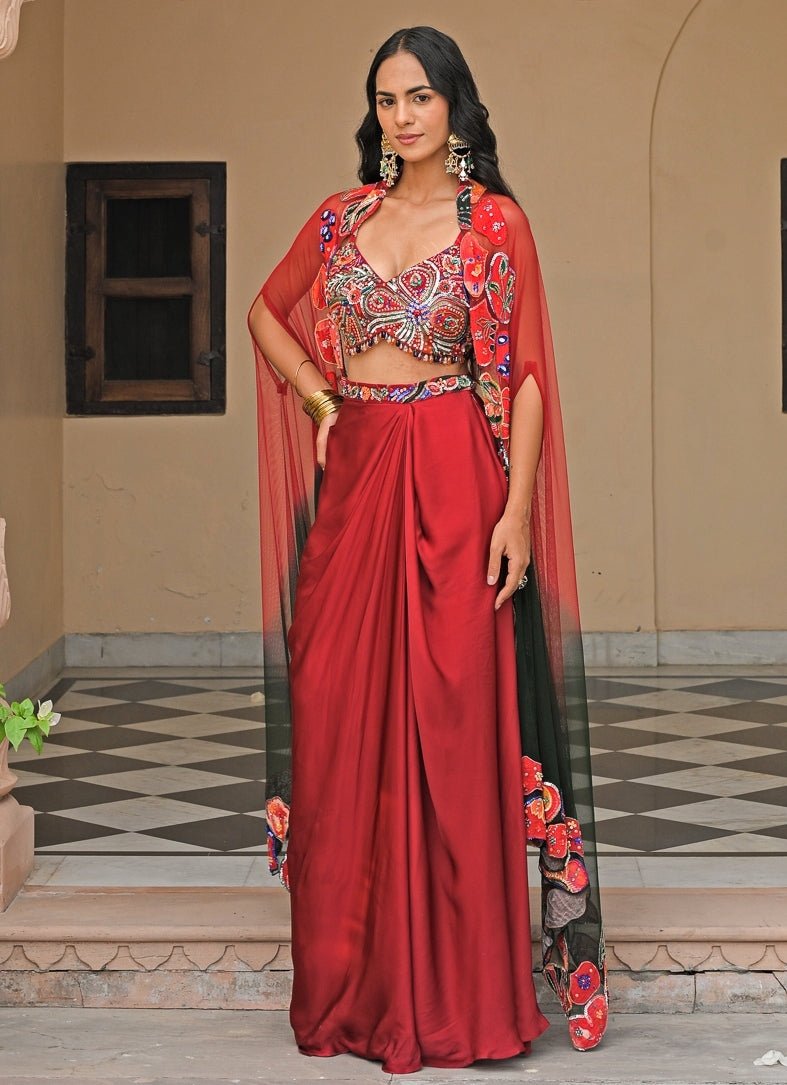 Red And Black Satin Cowl Skirt Set With Cape Juhi Bengani - Fabilicious Fashion