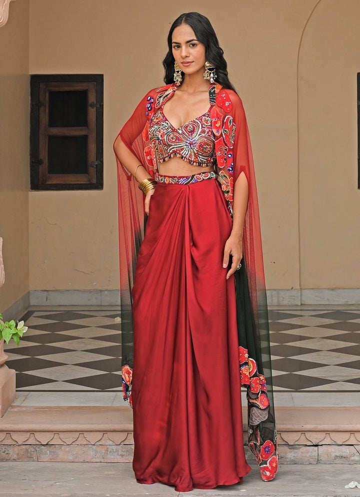 Red And Black Satin Cowl Skirt Set With Cape Juhi Bengani - Fabilicious Fashion