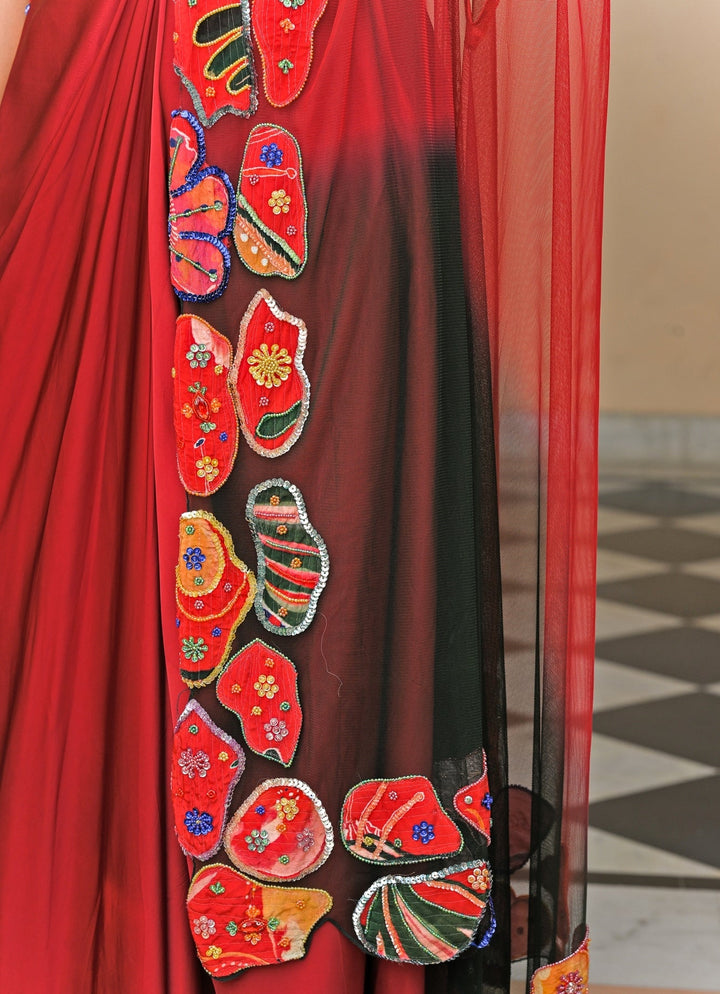 Red And Black Satin Cowl Skirt Set With Cape Juhi Bengani - Fabilicious Fashion