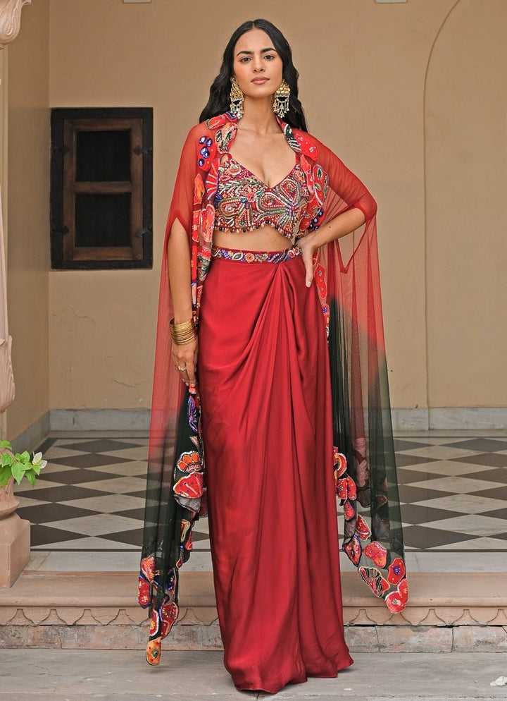 Red And Black Satin Cowl Skirt Set With Cape Juhi Bengani - Fabilicious Fashion