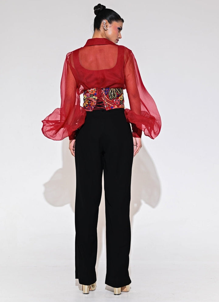 Juhi Bengani Red And Black Shirt Pants Set With Corset BeltFabilicious Fashion