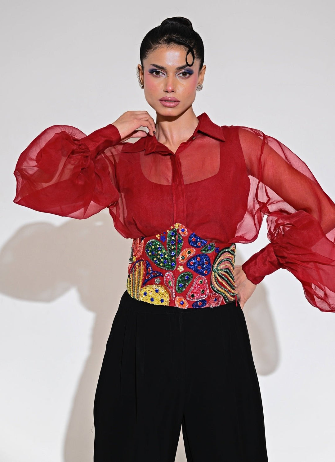 Juhi Bengani Red And Black Shirt Pants Set With Corset BeltFabilicious Fashion