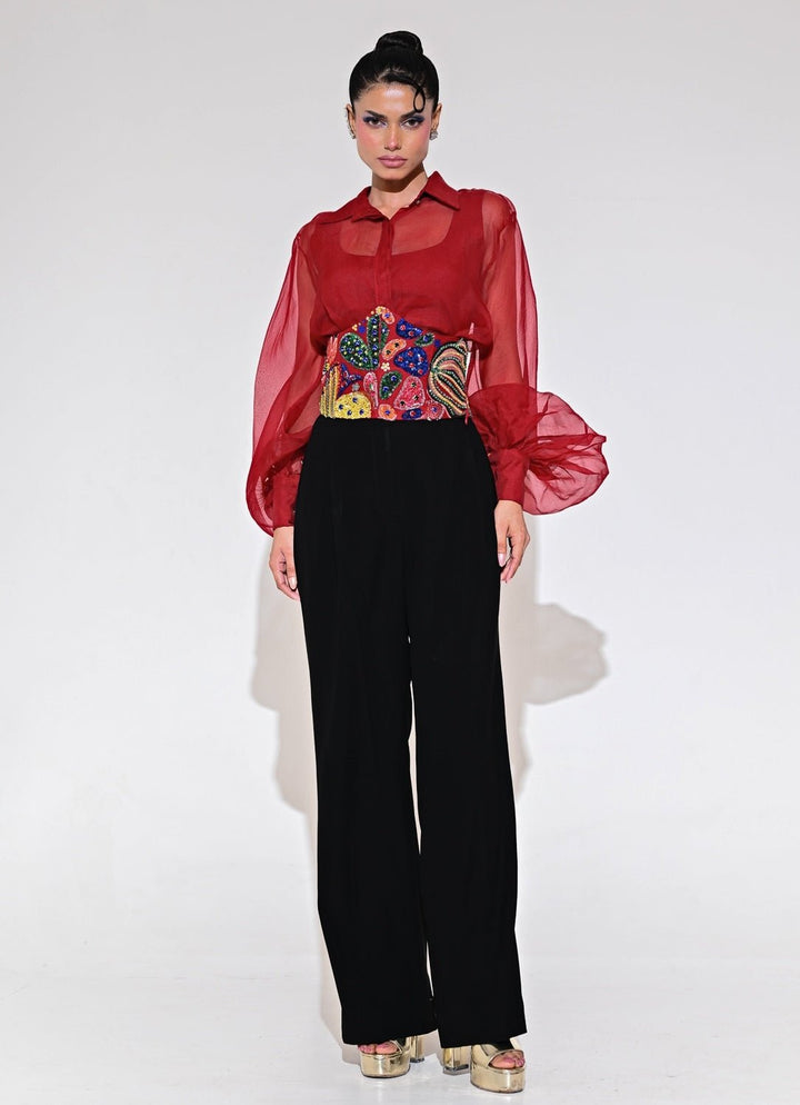 Juhi Bengani Red And Black Shirt Pants Set With Corset BeltFabilicious Fashion