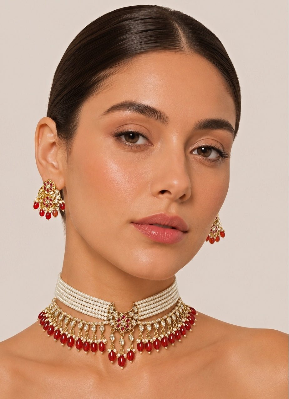 Zevar by Geeta Red And Gold Kundan Choker SetFabilicious Fashion