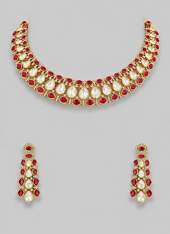 Zevar by Geeta Red And Gold Kundan Necklace SetFabilicious Fashion
