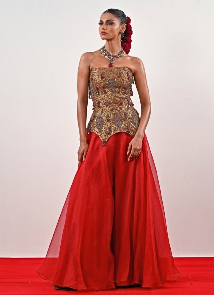 Red And Gold Organza Flared Pants With Corset Juhi Bengani - Fabilicious Fashion