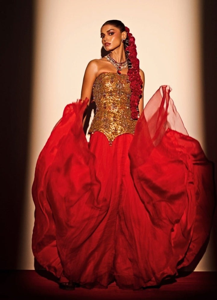 Red And Gold Organza Flared Pants With Corset Juhi Bengani - Fabilicious Fashion