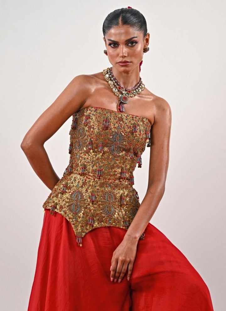 Red And Gold Organza Flared Pants With Corset Juhi Bengani - Fabilicious Fashion