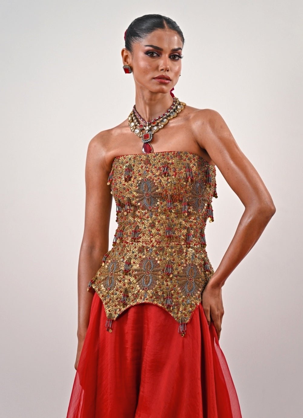 Red And Gold Organza Flared Pants With Corset Juhi Bengani - Fabilicious Fashion