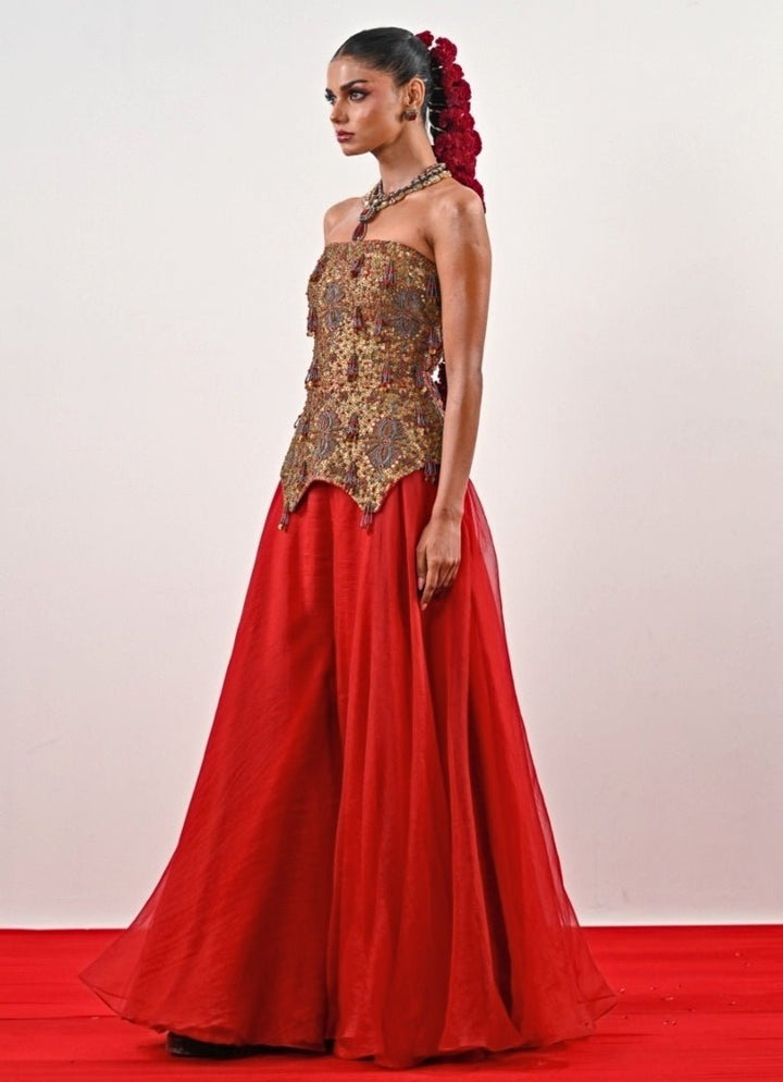 Red And Gold Organza Flared Pants With Corset Juhi Bengani - Fabilicious Fashion