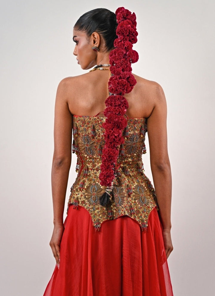 Red And Gold Organza Flared Pants With Corset Juhi Bengani - Fabilicious Fashion