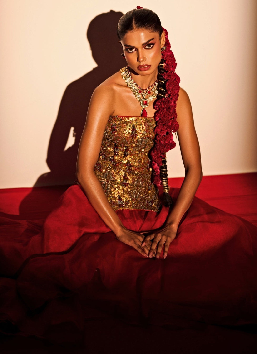 Red And Gold Organza Flared Pants With Corset Juhi Bengani - Fabilicious Fashion