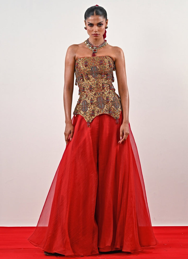 Red And Gold Organza Flared Pants With Corset Juhi Bengani - Fabilicious Fashion