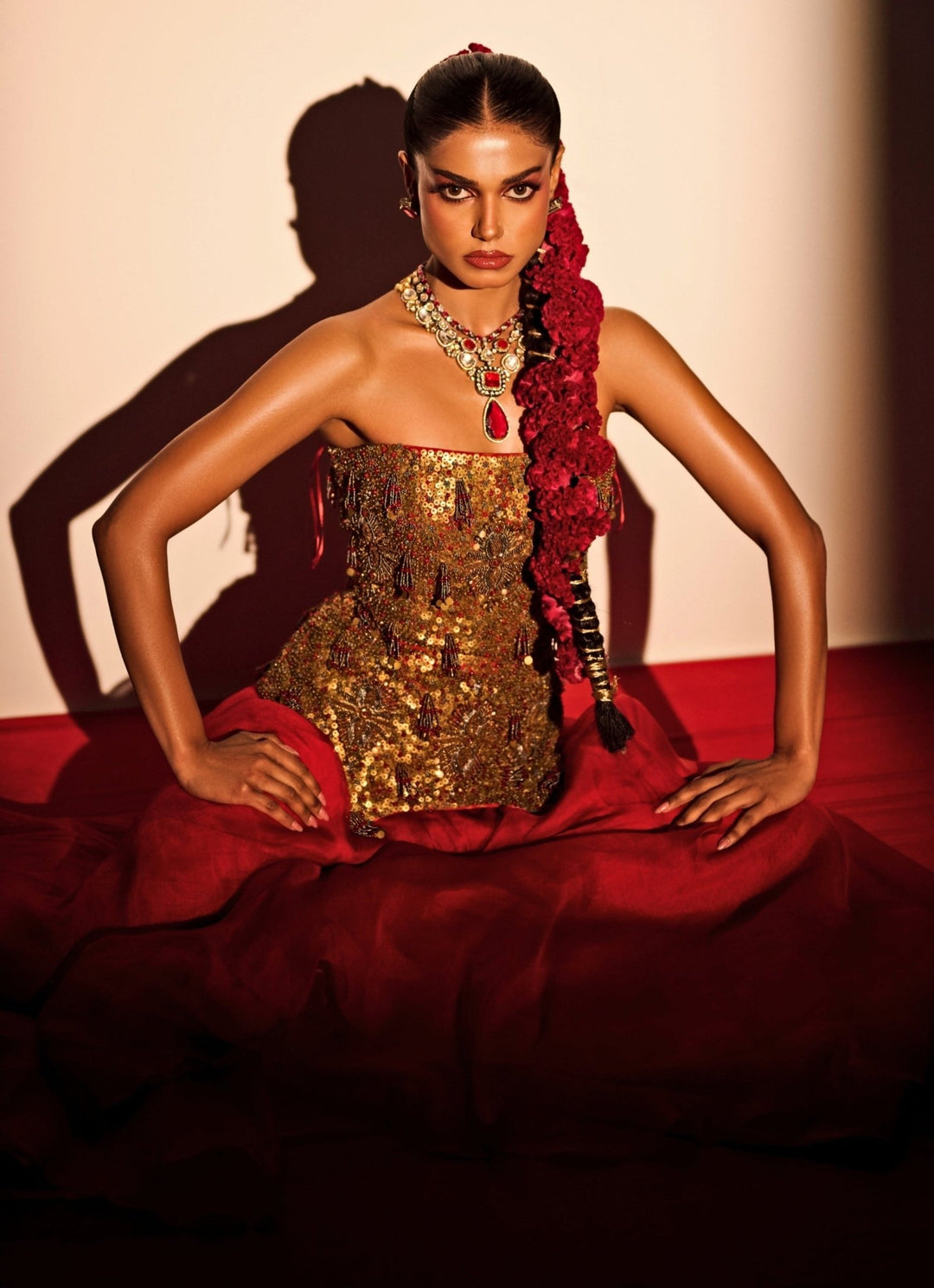 Red And Gold Organza Flared Pants With Corset Juhi Bengani - Fabilicious Fashion