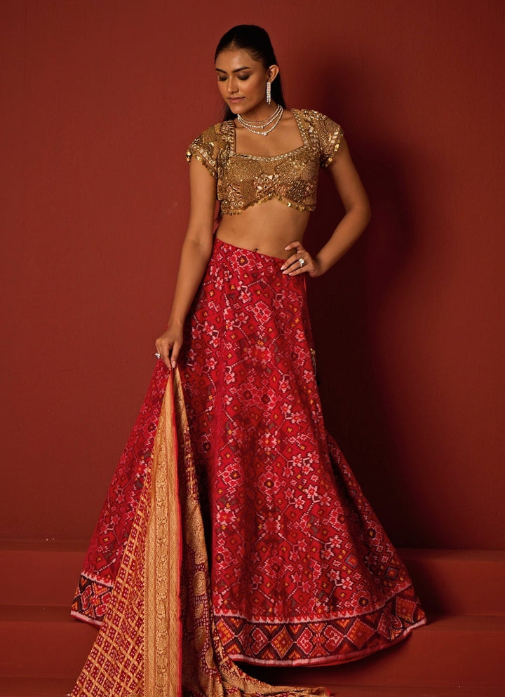 Red And Gold Patola Silk Lehenga Set Twenty Nine - Fabilicious Fashion