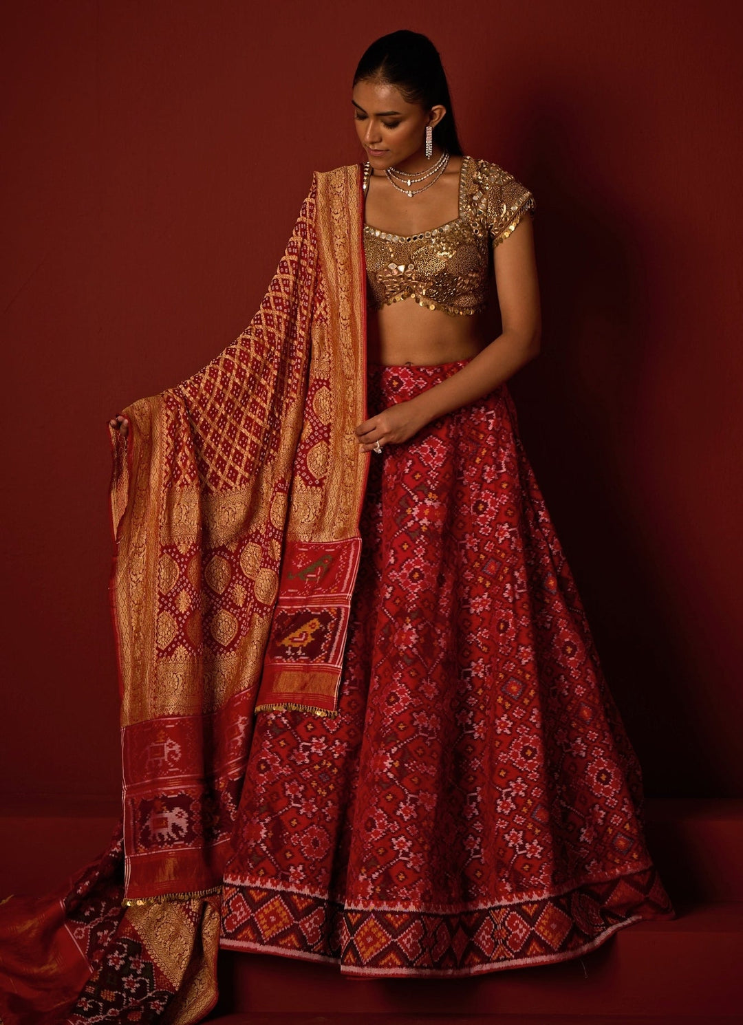 Red And Gold Patola Silk Lehenga Set Twenty Nine - Fabilicious Fashion