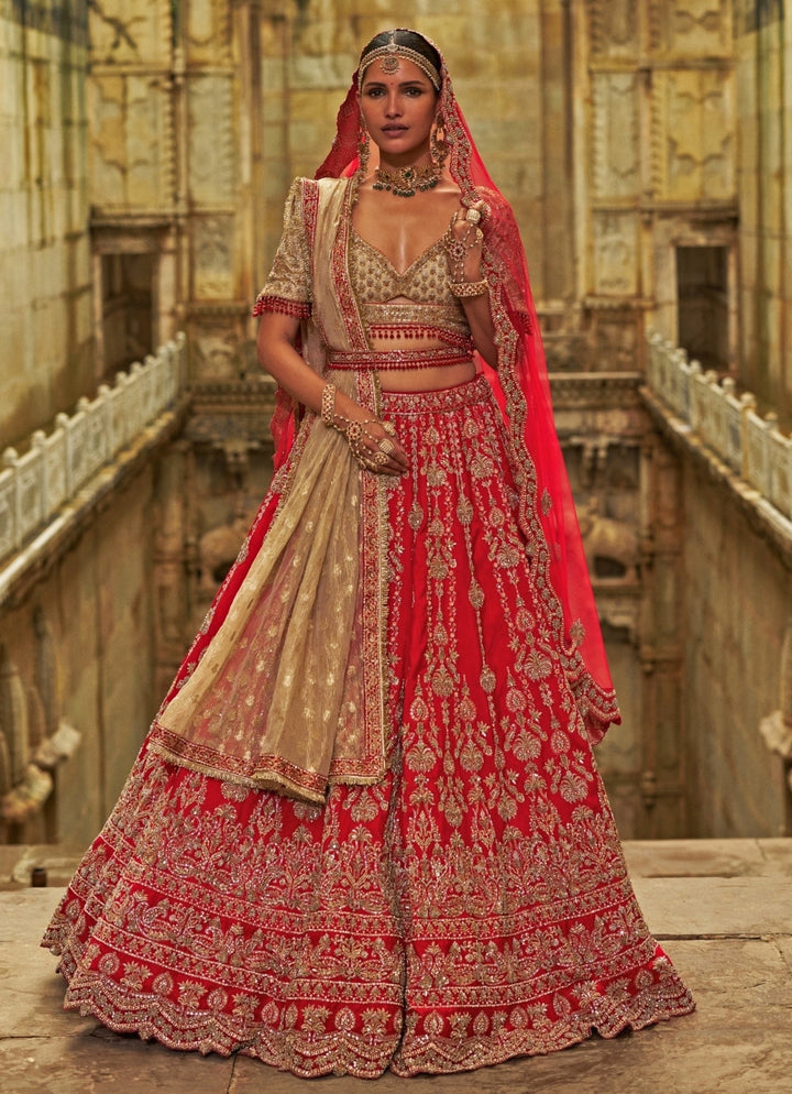 Red And Gold Raw Silk Lehenga Set Nitika Gujral - Fabilicious Fashion