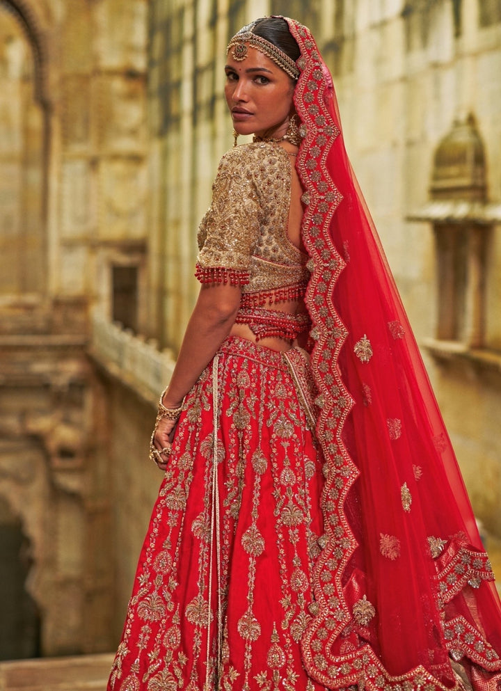 Red And Gold Raw Silk Lehenga Set Nitika Gujral - Fabilicious Fashion