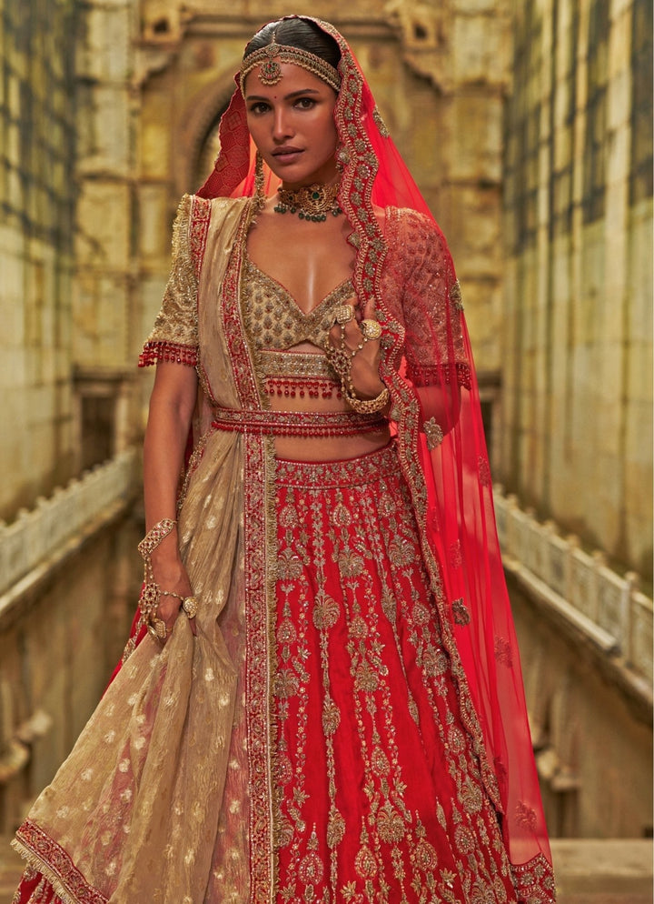 Red And Gold Raw Silk Lehenga Set Nitika Gujral - Fabilicious Fashion