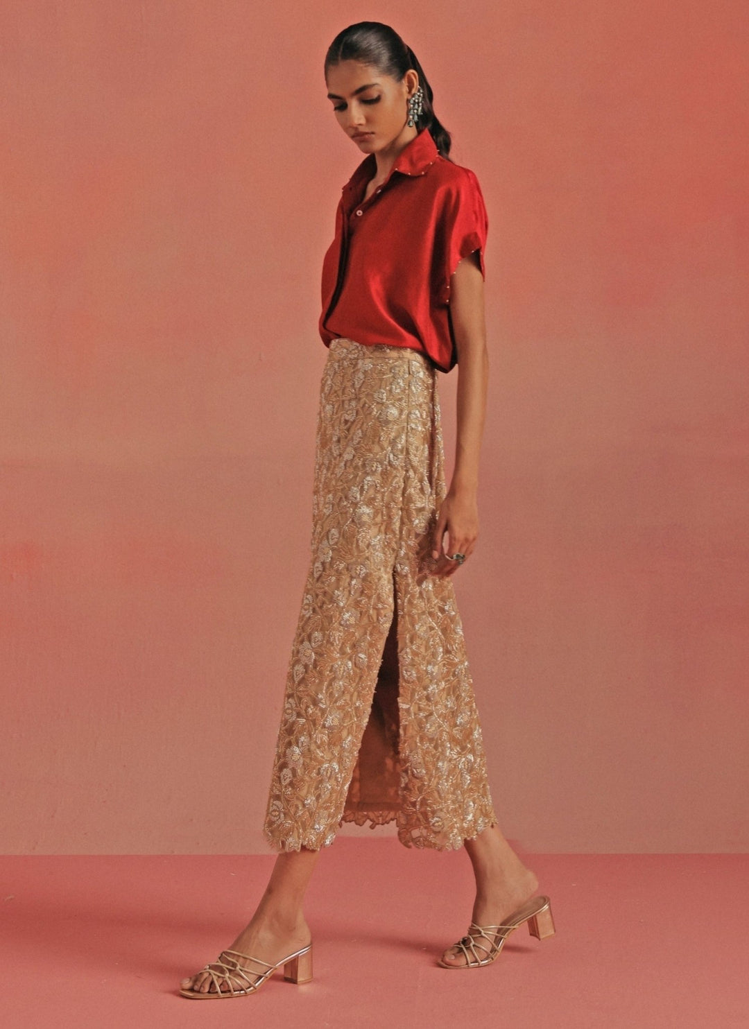 Twenty Nine Red And Gold Soft Net Pencil Skirt SetFabilicious Fashion