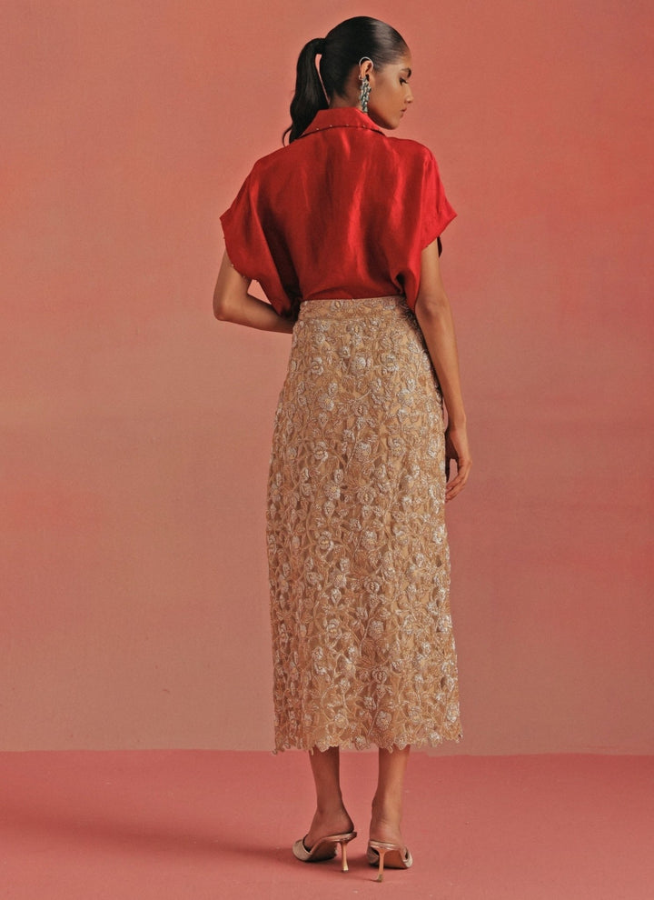 Twenty Nine Red And Gold Soft Net Pencil Skirt SetFabilicious Fashion