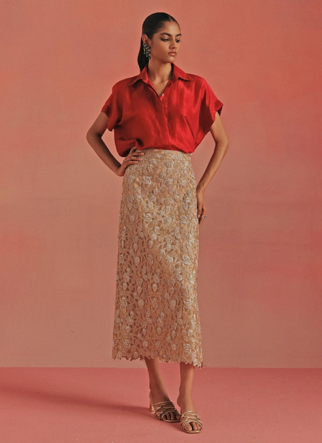 Twenty Nine Red And Gold Soft Net Pencil Skirt SetFabilicious Fashion