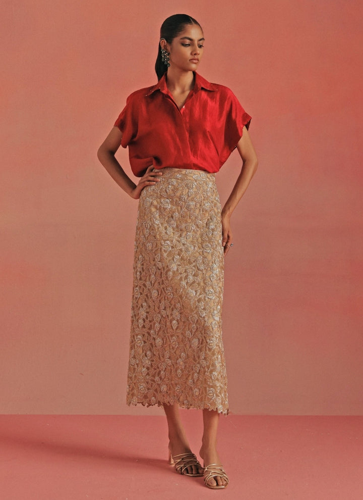 Twenty Nine Red And Gold Soft Net Pencil Skirt SetFabilicious Fashion