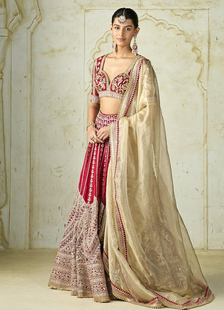 Gopi Vaid Red And Gold Tussar Bridal Lehenga SetFabilicious Fashion