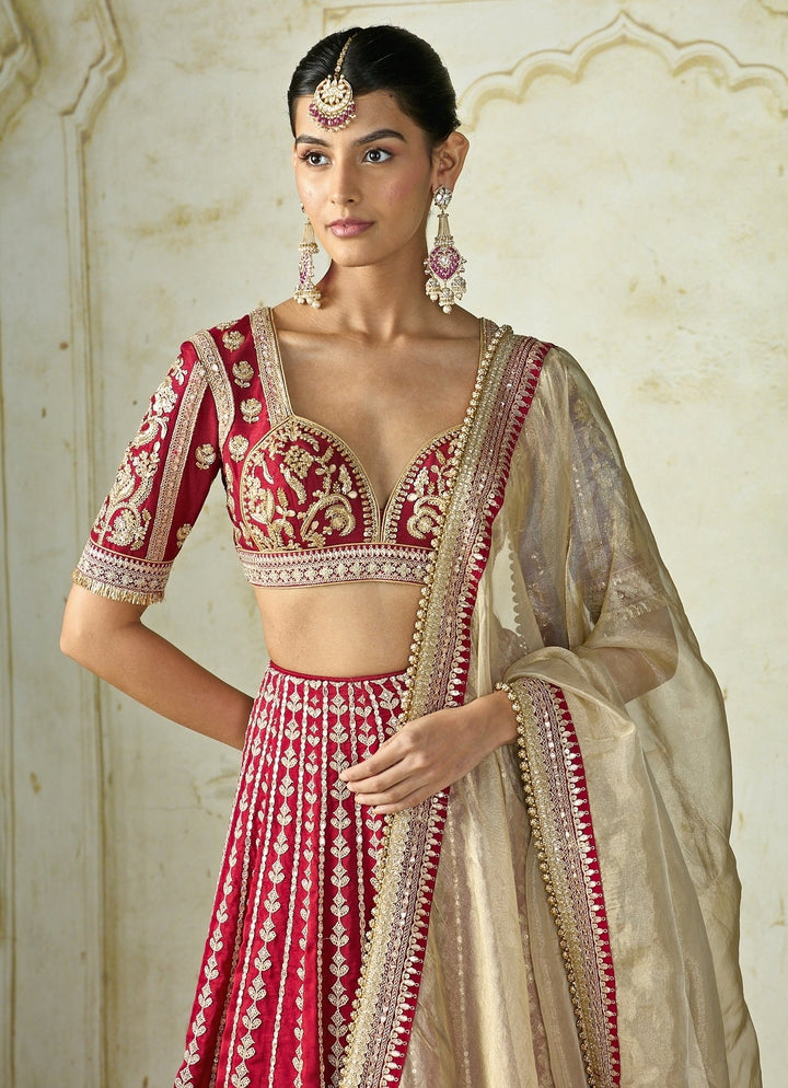 Gopi Vaid Red And Gold Tussar Bridal Lehenga SetFabilicious Fashion