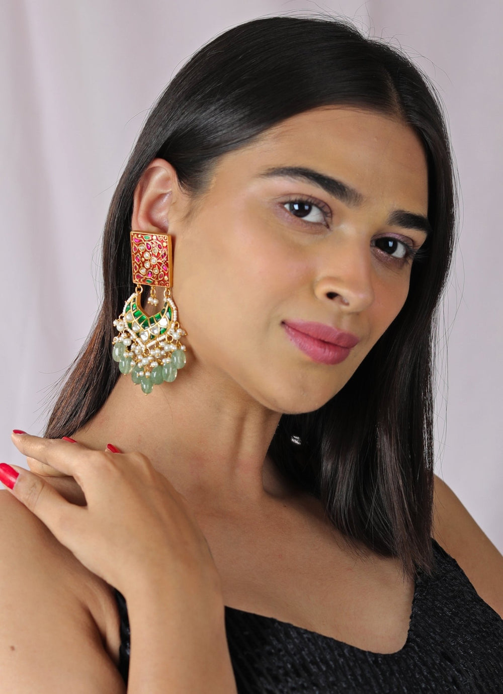 Red and Green Beaded Statement Earrings Riana by Shikha Jindal - Fabilicious Fashion