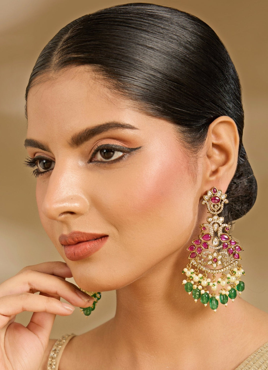 Red And Green Chandelier Earrings With Pearl Drops Vivinia By Vidhi Mehra - Fabilicious Fashion