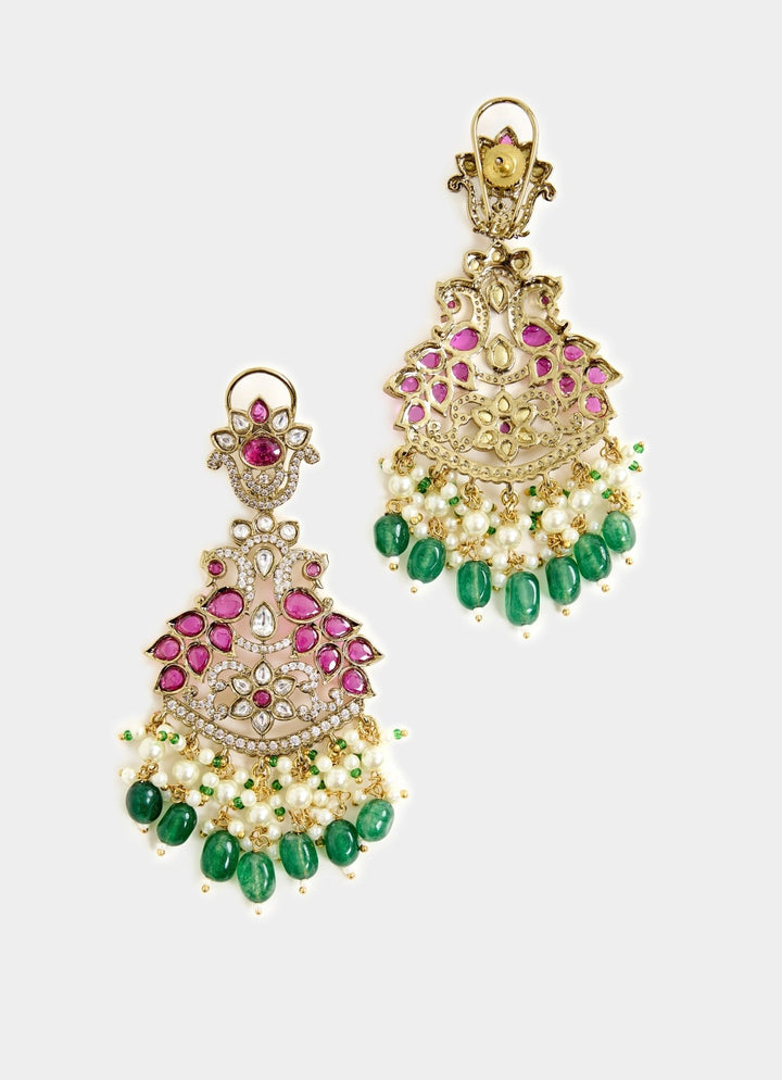 Red And Green Chandelier Earrings With Pearl Drops Vivinia By Vidhi Mehra - Fabilicious Fashion