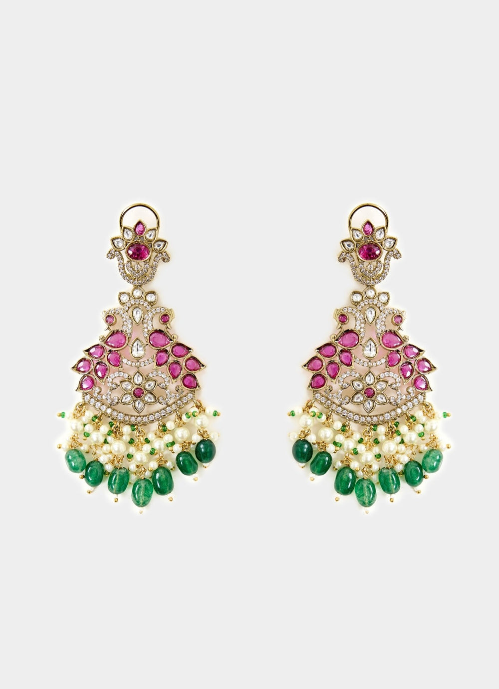 Red And Green Chandelier Earrings With Pearl Drops Vivinia By Vidhi Mehra - Fabilicious Fashion